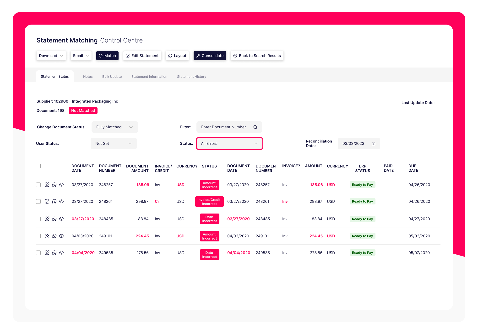 Statement Matching - Fully Matched with Data Mismatches